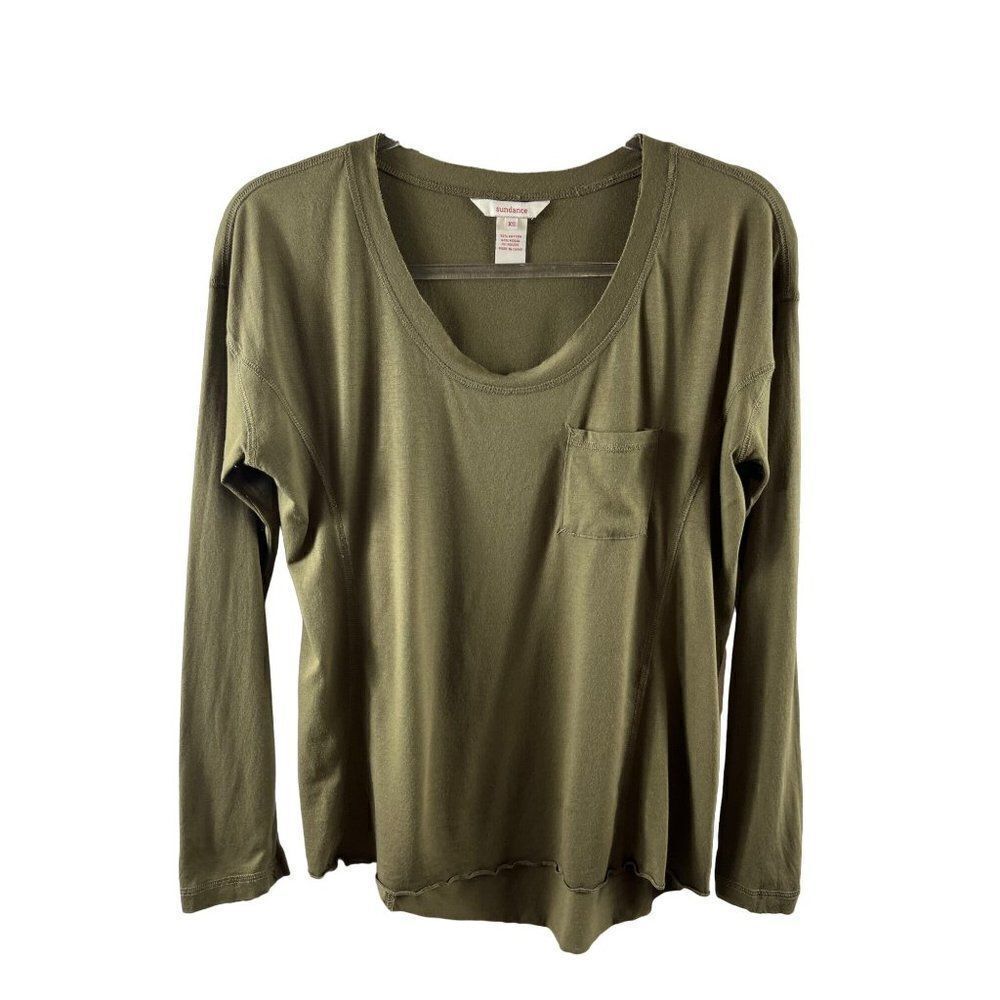 Sundance Side Inset Pocket Long Sleeve Modal Tee Shirt Top Size XS Olive Green